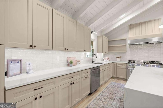 6405 Cherry Tree Ln, Atlanta, GA 30328 - kitchen with stainless steel appliances, light wood-style flooring, tasteful backsplash, light countertops, and wooden ceiling