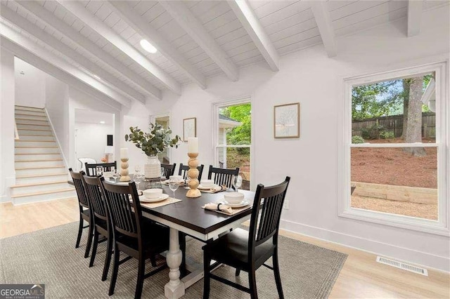 6405 Cherry Tree Ln, Atlanta, GA 30328 - dining room featuring light wood-style flooring, stairs, and wooden ceiling