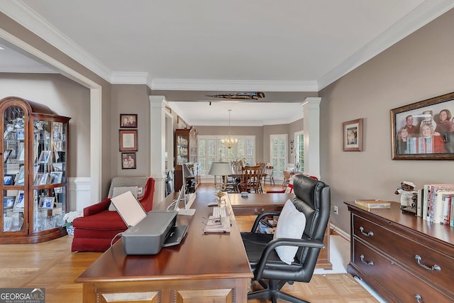6302 Manassas Pass NW, Acworth, GA 30101 - office featuring decorative columns, crown molding, and a chandelier