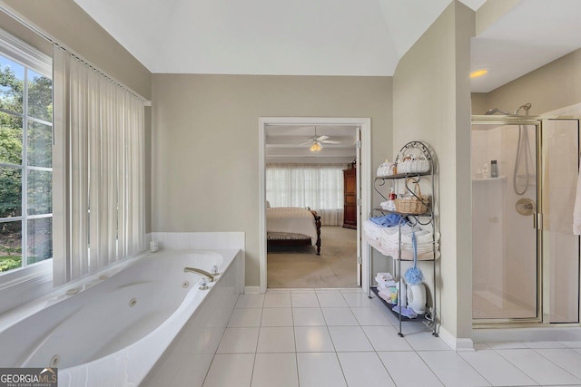 6302 Manassas Pass NW, Acworth, GA 30101 - bathroom featuring ensuite bath, a tub with jets, a shower stall, tile patterned floors, and ceiling fan