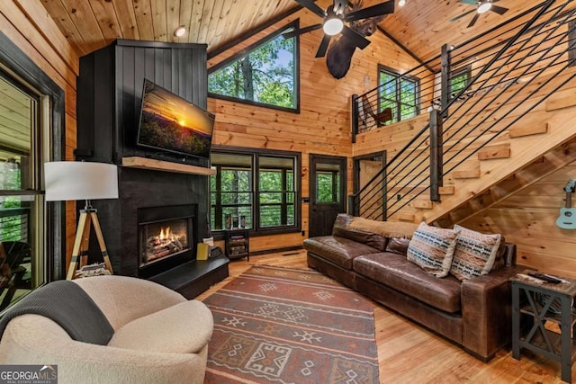 25 Hidden Ridge Ct, Cherry Log, GA 30522 - living area with ceiling fan, wood walls, wooden ceiling, wood finished floors, and stairway