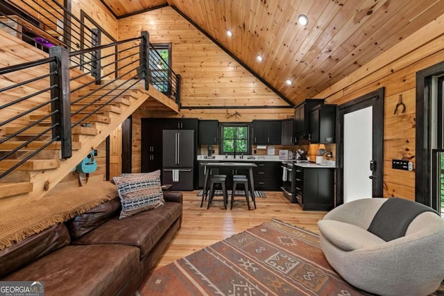 25 Hidden Ridge Ct, Cherry Log, GA 30522 - living area with wood walls, wooden ceiling, high vaulted ceiling, light wood finished floors, and recessed lighting