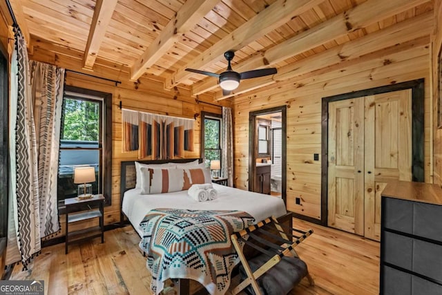 25 Hidden Ridge Ct, Cherry Log, GA 30522 - bedroom with wood ceiling with exposed beams, light wood finished floors, and wooden walls