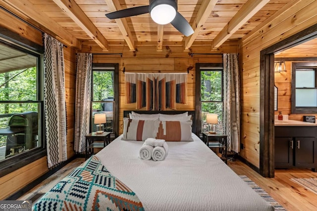 25 Hidden Ridge Ct, Cherry Log, GA 30522 - bedroom with multiple windows, wood walls, wood ceiling with exposed beams, and light wood-style flooring