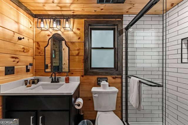 25 Hidden Ridge Ct, Cherry Log, GA 30522 - bathroom with toilet, vanity, wood walls, and a shower