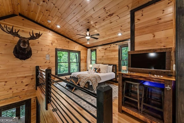 25 Hidden Ridge Ct, Cherry Log, GA 30522 - bedroom with lofted ceiling, wooden ceiling, wood walls, recessed lighting, and light wood-style flooring