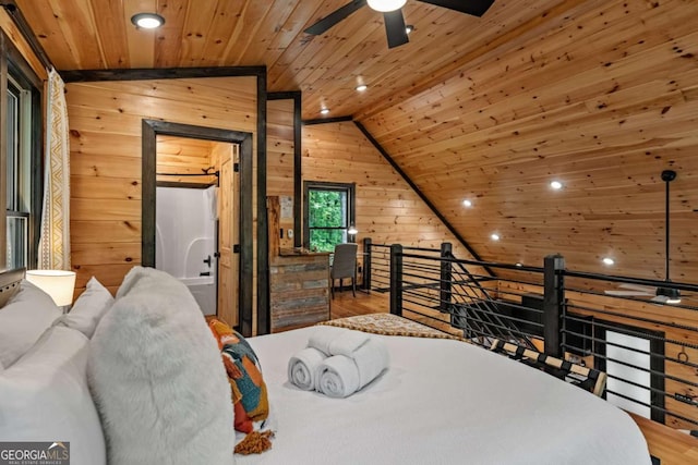 25 Hidden Ridge Ct, Cherry Log, GA 30522 - bedroom with wood ceiling, wood walls, vaulted ceiling, recessed lighting, and wood finished floors