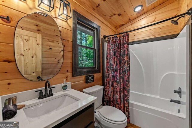 25 Hidden Ridge Ct, Cherry Log, GA 30522 - bathroom with toilet, vanity, wooden walls, wooden ceiling, and shower / bath combination with curtain