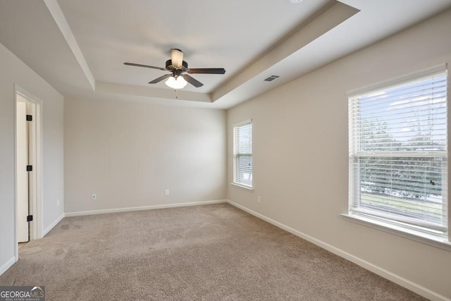 203 Creek View Ln, Acworth, GA 30102 - spare room featuring a tray ceiling, ceiling fan, and light carpet