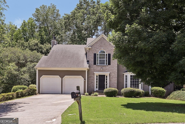 3850 Stepney Way, Cumming, GA 30041 - view of front of home with an attached garage, a front lawn, a chimney, driveway, and brick siding