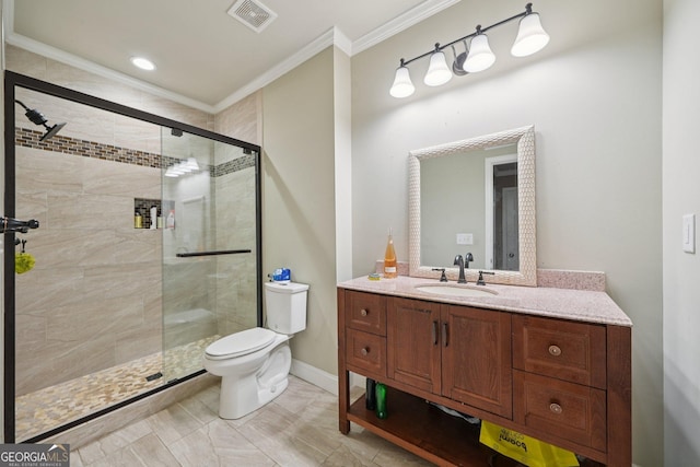3850 Stepney Way, Cumming, GA 30041 - bathroom featuring ornamental molding, a shower stall, and vanity
