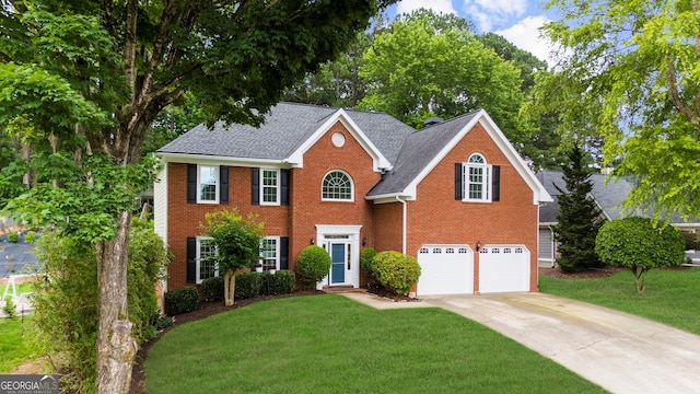 10865 Misty Moon Ct, Alpharetta, GA 30022 - colonial home with a garage, driveway, brick siding, a front yard, and roof with shingles