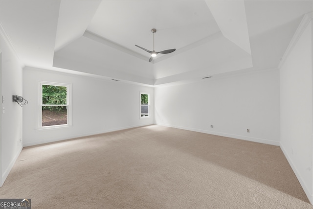 10865 Misty Moon Ct, Alpharetta, GA 30022 - spare room featuring a tray ceiling, ceiling fan, light colored carpet, and healthy amount of natural light