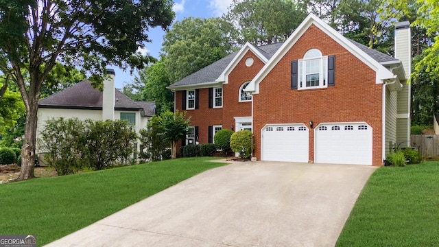 10865 Misty Moon Ct, Alpharetta, GA 30022 - colonial inspired home featuring driveway, a garage, a front yard, and brick siding