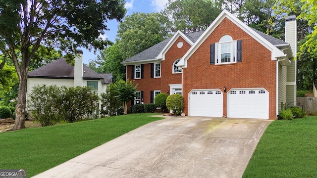 10865 Misty Moon Ct, Alpharetta, GA 30022 - colonial home featuring a garage, driveway, brick siding, and a front lawn