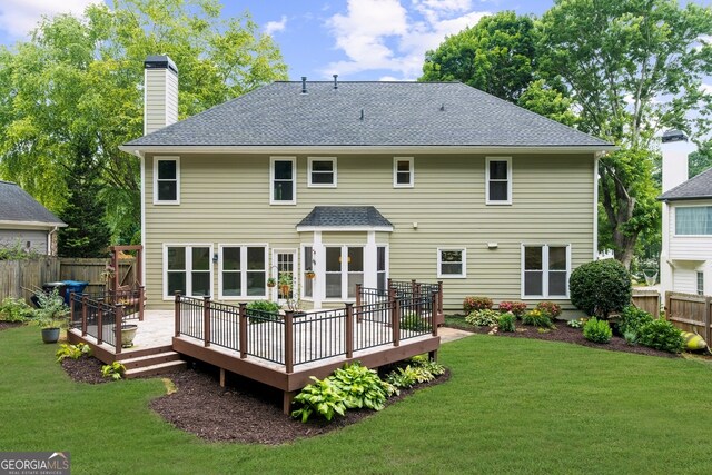 10865 Misty Moon Ct, Alpharetta, GA 30022 - rear view of property featuring a wooden deck, a chimney, and roof with shingles
