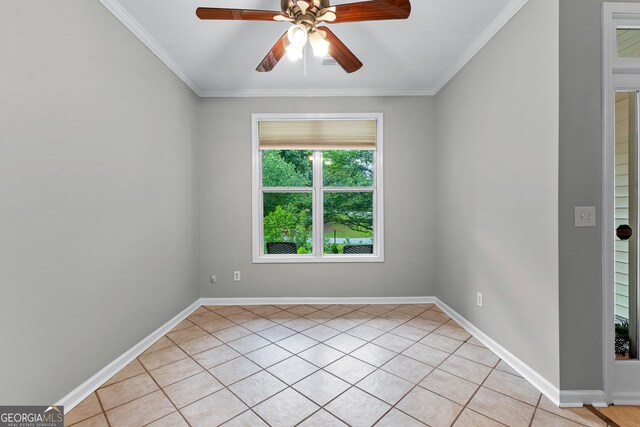205 N Strathmore Dr, Sharpsburg, GA 30277 - spare room featuring light tile patterned flooring, ceiling fan, ornamental molding, and baseboards