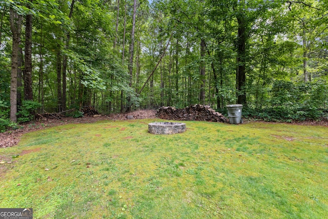 205 N Strathmore Dr, Sharpsburg, GA 30277 - view of grassy yard with a fire pit and a view of trees