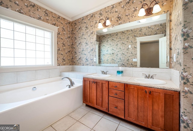 65 Orchard Dr, Covington, GA 30014 - bathroom with wallpapered walls, double vanity, tile patterned flooring, a bath, and crown molding