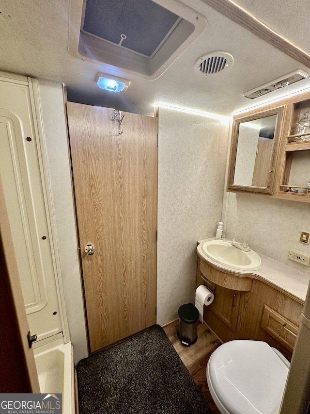 30 26th St, Ellijay, GA 30540 - bathroom with vanity, wood finished floors, and toilet