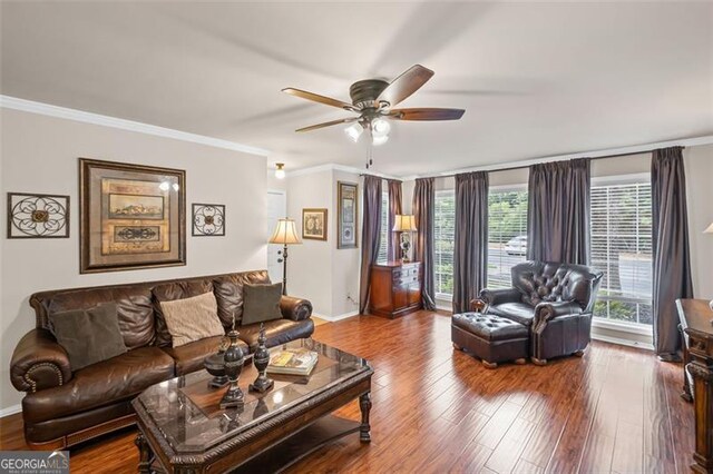 202 Berkeley Woods Dr, Duluth, GA 30096 - living area featuring a ceiling fan, ornamental molding, wood finished floors, and baseboards