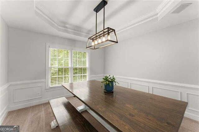 2342 Tall Timbers Ln, Marietta, GA 30066 - unfurnished dining area with a decorative wall, a chandelier, crown molding, a tray ceiling, and wainscoting