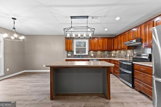 810 Callaway Church Rd, Lagrange, GA 30241 - kitchen featuring appliances with stainless steel finishes, a chandelier, under cabinet range hood, a center island, and backsplash