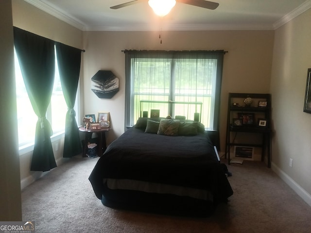 130 Burnt Hickory Ln, Calhoun, GA 30701 - carpeted bedroom featuring crown molding, multiple windows, baseboards, and a ceiling fan