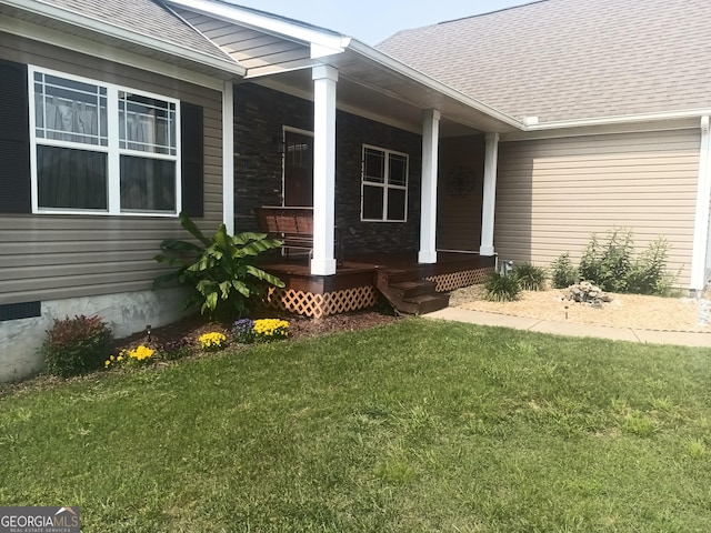 130 Burnt Hickory Ln, Calhoun, GA 30701 - entrance to property featuring covered porch, roof with shingles, a yard, and crawl space
