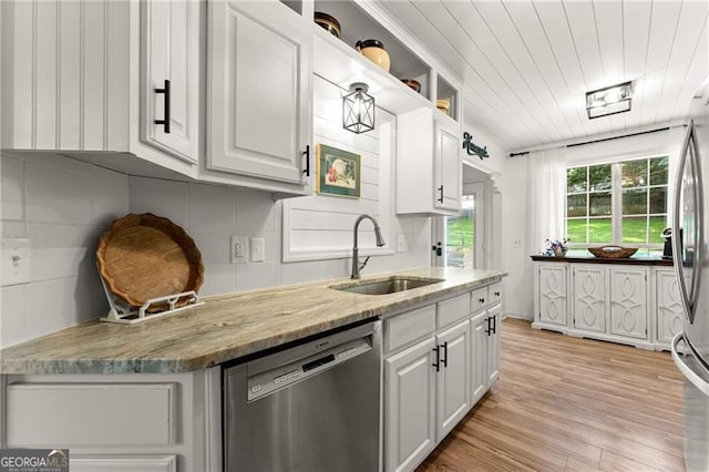 437 Jewell Slaton Rd, Dawsonville, GA 30534 - kitchen with stainless steel appliances, a sink, white cabinetry, light wood-type flooring, and light stone countertops