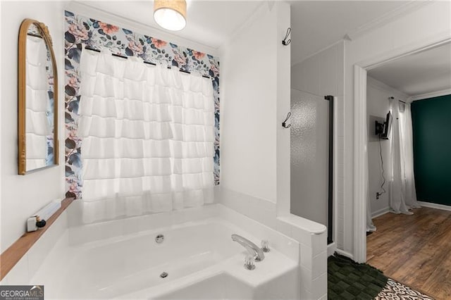 437 Jewell Slaton Rd, Dawsonville, GA 30534 - full bath with a bath, ornamental molding, wood finished floors, and a shower