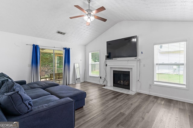 11581 Kades Trl, Hampton, GA 30228 - living area with lofted ceiling, wood finished floors, ceiling fan, a textured ceiling, and a fireplace with flush hearth