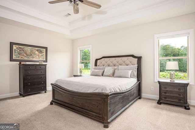 7345 Vale Ct, Cumming, GA 30028 - bedroom featuring carpet floors, a raised ceiling, baseboards, ceiling fan, and crown molding