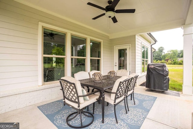 7345 Vale Ct, Cumming, GA 30028 - view of patio / terrace featuring ceiling fan, a grill, and outdoor dining area