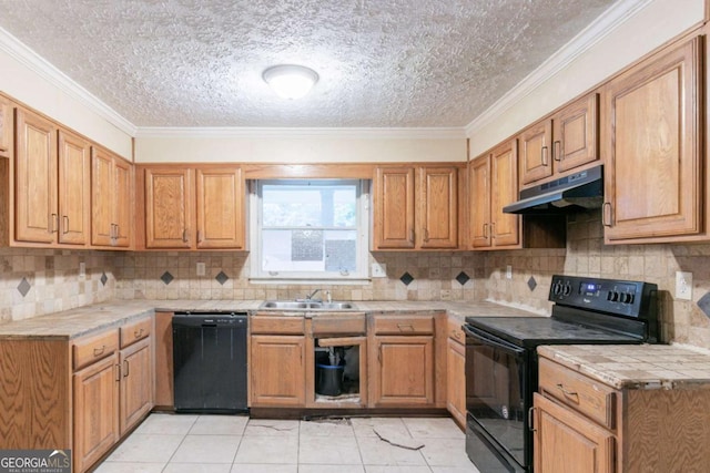 4715 Wildginger Run, Lithonia, GA 30038 - kitchen with black appliances, under cabinet range hood, a sink, tasteful backsplash, and a textured ceiling