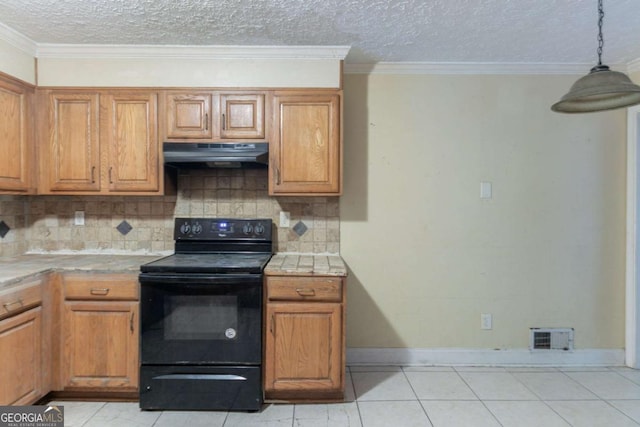 4715 Wildginger Run, Lithonia, GA 30038 - kitchen featuring range hood, black range with electric stovetop, tasteful backsplash, light countertops, and light tile patterned flooring