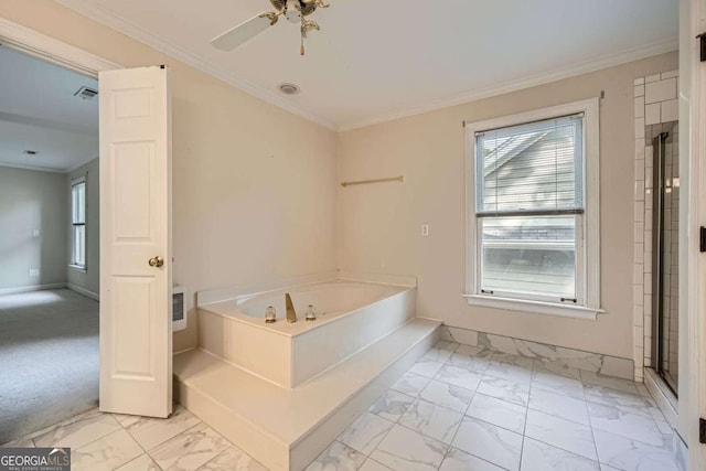 7155 Roswell Rd Unit 58, Atlanta, GA 30328 - full bathroom with marble look tile flooring, a garden tub, plenty of natural light, crown molding, and baseboards
