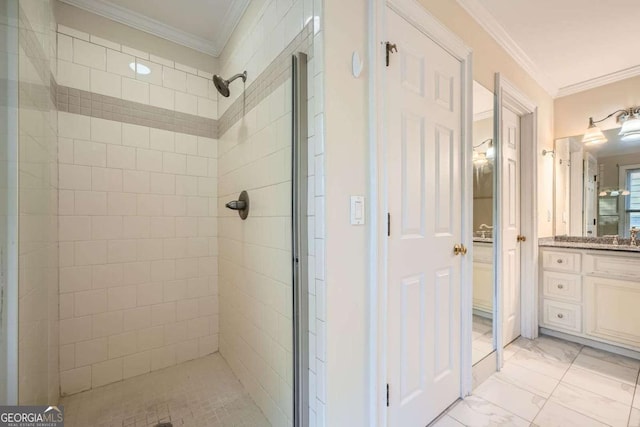 7155 Roswell Rd Unit 58, Atlanta, GA 30328 - full bath with marble finish floors, vanity, a stall shower, and ornamental molding