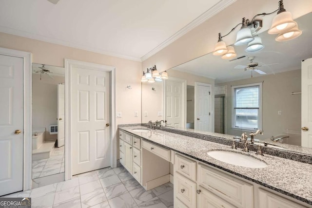 7155 Roswell Rd Unit 58, Atlanta, GA 30328 - full bath featuring ceiling fan, double vanity, marble finish flooring, and ornamental molding