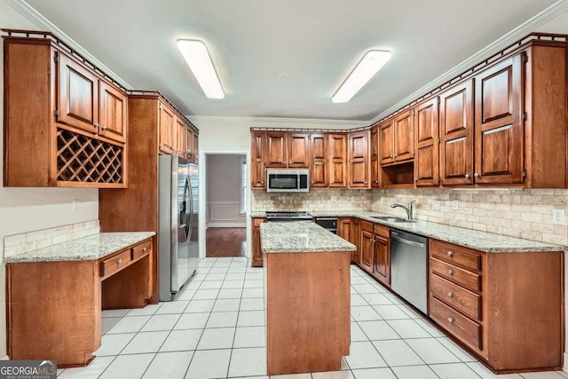 7155 Roswell Rd Unit 58, Atlanta, GA 30328 - kitchen with stainless steel appliances, crown molding, a sink, tasteful backsplash, and light tile patterned flooring