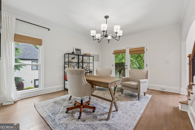 712 Brookshade Pkwy, Alpharetta, GA 30004 - office with a chandelier, ornamental molding, wood finished floors, and baseboards