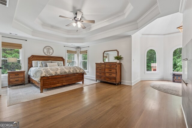712 Brookshade Pkwy, Alpharetta, GA 30004 - bedroom with a raised ceiling, wood finished floors, crown molding, ceiling fan, and a fireplace