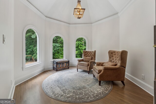 712 Brookshade Pkwy, Alpharetta, GA 30004 - sitting room with high vaulted ceiling, plenty of natural light, a chandelier, baseboards, and wood finished floors