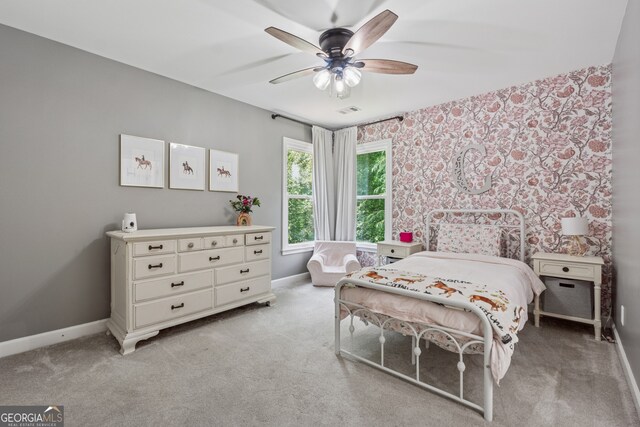 712 Brookshade Pkwy, Alpharetta, GA 30004 - bedroom featuring baseboards, light colored carpet, ceiling fan, and wallpapered walls
