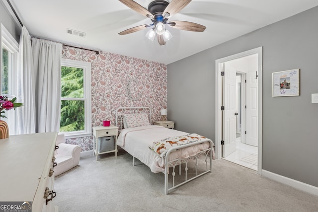 712 Brookshade Pkwy, Alpharetta, GA 30004 - carpeted bedroom with wallpapered walls, baseboards, and ceiling fan