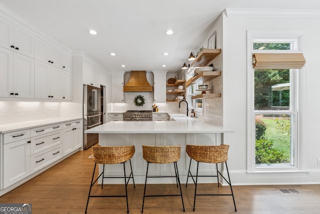 712 Brookshade Pkwy, Alpharetta, GA 30004 - kitchen featuring premium appliances, custom exhaust hood, a sink, decorative backsplash, and white cabinets
