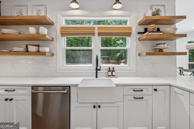 712 Brookshade Pkwy, Alpharetta, GA 30004 - kitchen featuring stainless steel dishwasher, open shelves, a sink, and decorative backsplash