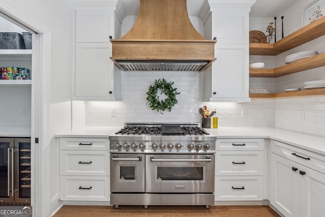 712 Brookshade Pkwy, Alpharetta, GA 30004 - kitchen with double oven range, custom range hood, open shelves, and light countertops