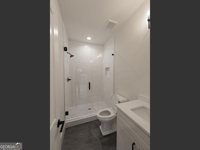 4955 Chamblee Dunwoody Rd, Dunwoody, GA 30338 - full bathroom featuring a stall shower, vanity, and recessed lighting