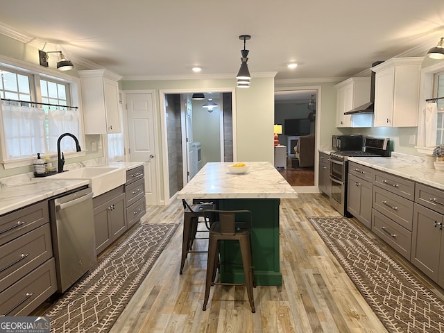 746 Thomas Rd, Trion, GA 30753 - kitchen featuring stainless steel appliances, ornamental molding, gray cabinetry, light wood-style flooring, and white cabinetry